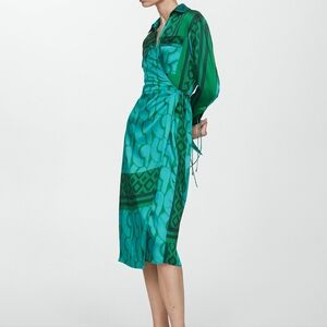 Mango | Dresses | New Green Blue Long Sleeve Printed Wrap Shirt Dress M |  Poshmark